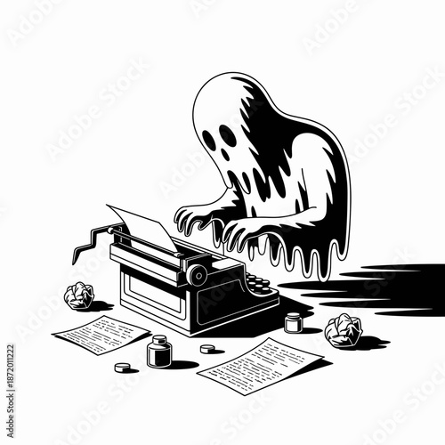 Ethereal ghost typing on vintage typewriter vector illustration – Perfect for copywriting, publishing, or secretarial services.