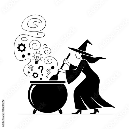 Minimalist witch stirring cauldron of ideas vector – Perfect for graphic resources, design software, or conceptual art promotion.