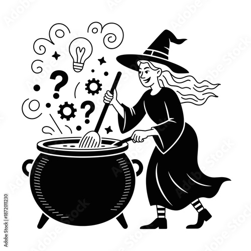 Vector illustration of witch stirring cauldron with ideas – Ideal for modern design blogs, innovation workshops, or Halloween-themed content.