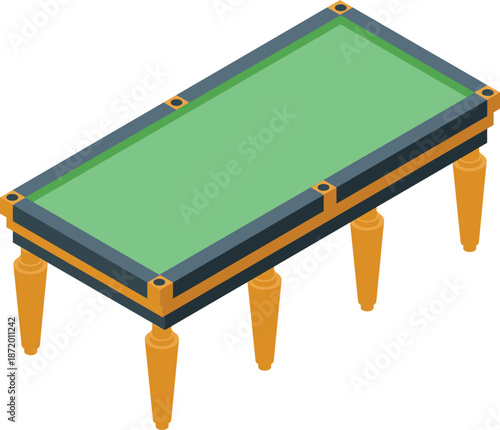 Isometric view of an empty billiard table with green surface and gold legs, ready for a game