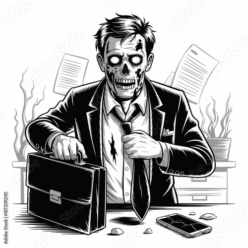 Zombie CEO corporate fatigue vector illustration – Perfect for work-life balance articles, leadership burnout content, or corporate satire.