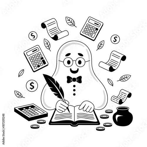 Vector illustration of ghost accountant with ledger book – Great for traditional accounting themes, financial history, or spooky office concepts.