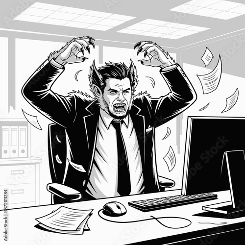 Vector art of businessman transforming into a werewolf due to office stress – Suitable for inner struggle concepts, work-life balance metaphors, or bold black and white graphics.