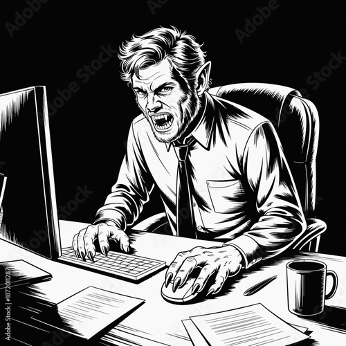 Minimalist vector of werewolf transformation in an office cubicle – Perfect for dual identity themes, breaking point visuals, or expressive black and white illustrations.