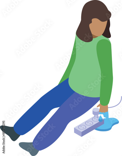 Girl sitting on floor playing with a power strip and water, creating a dangerous electrical hazard