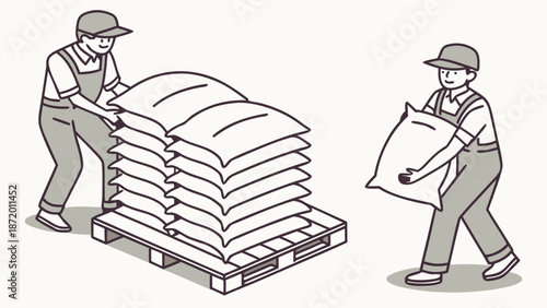 Two workers stacking and carrying sacks of goods on a wooden pallet in a warehouse setting.