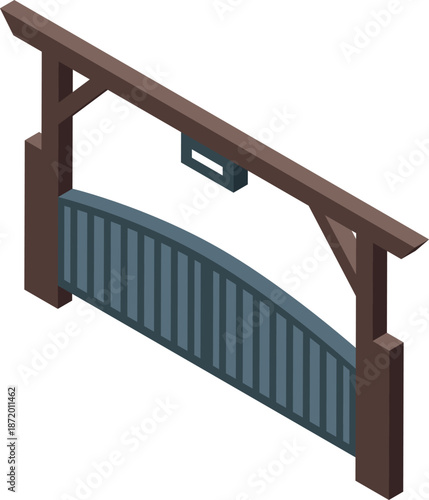 Isometric view of an automatic gate closing system featuring a wooden frame and metal bars, providing security and access control