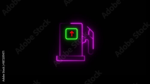 neon gas station icon animation,glowing neon gasoline pump nozzle icon isolated on black background, Fuel pump petrol station. oil pump nozzle icon animation, 4k video footage.