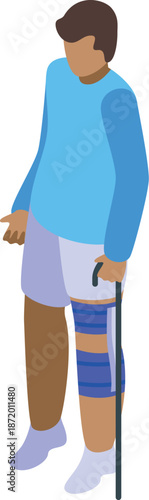 Patient recovering from knee surgery using a walking cane and wearing an orthopedic knee brace