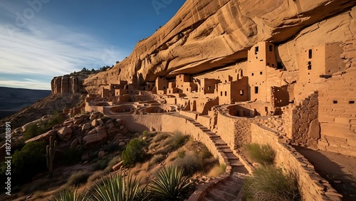 Ancient cliff dwellings built into a massive sandstone rock face at Mesa Verde National Park under a clear blue sky.