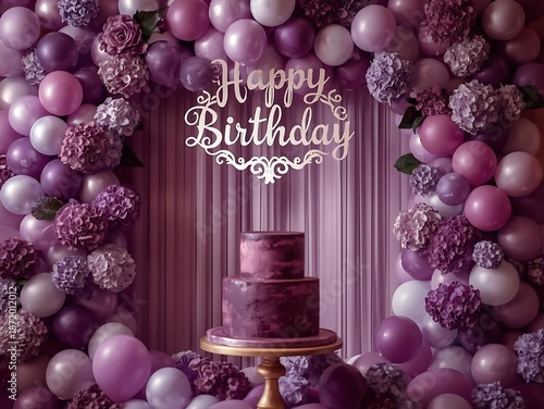 A festive purple and gold birhtday card featuring elegant bauble ornaments and gift boxes decorated with ribbons for a winter New Year celebration