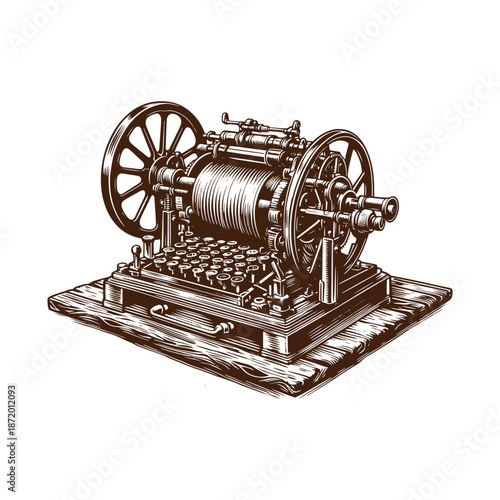 Vintage telegraph machine with wheels and controls