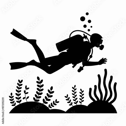 Silhouette of a scuba diver gently swimming through an underwater scene, surrounded by plants with distinctive flowing shapes