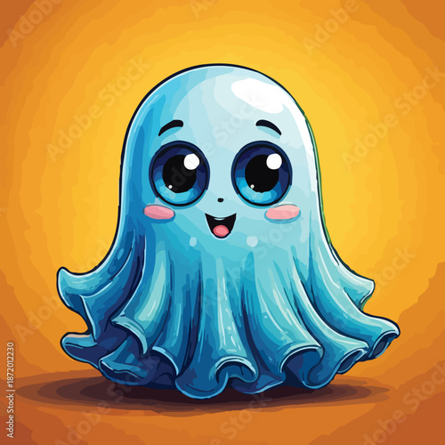 Adorable Cartoon Ghost with Big Eyes and Rosy Cheeks Illustration.