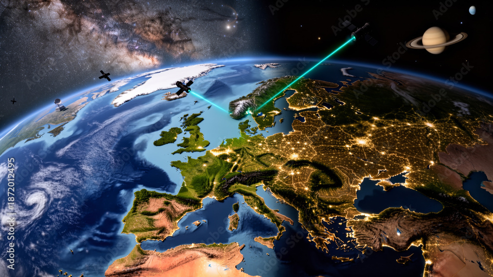 Obraz premium Photorealistic Earth Terminator Line with Glowing European City Grid and Orbital Data Lasers 4K