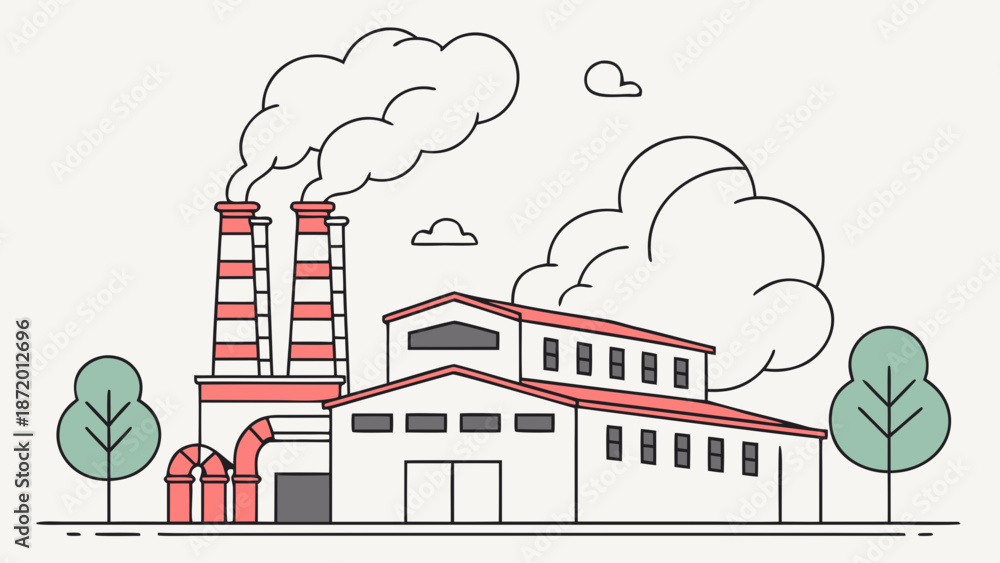 Naklejka premium Line art illustration of an industrial factory building with smoking chimneys and surrounding trees, depicting manufacturing and pollution.