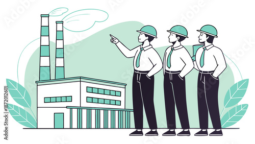 Three engineers in hard hats stand in front of a factory with smokestacks, discussing operations.