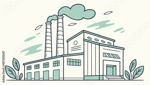 Industrial factory building with smokestacks and pollution.