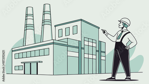 Industrial worker inspecting factory building with smokestacks.