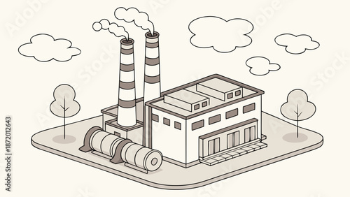 Isometric line art illustration of an industrial factory building with smoking chimneys and trees, depicting manufacturing and pollution.