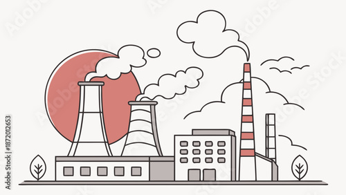 A detailed line art illustration of an industrial factory complex with multiple buildings, tall smokestacks emitting smoke, and a large red sun in the background.