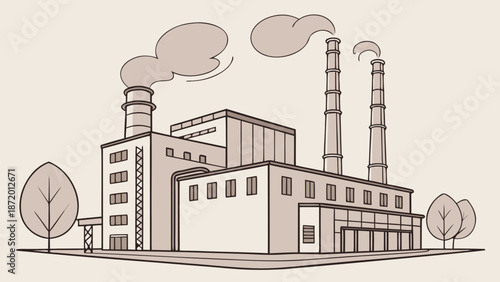 Illustration of an industrial factory building with multiple smokestacks emitting smoke, surrounded by trees, in a vintage sepia tone.