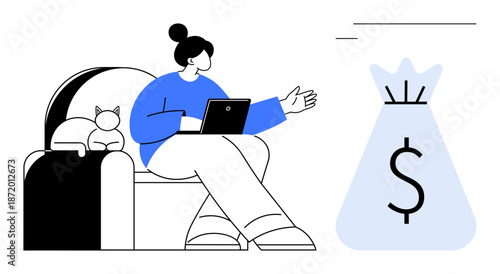 Woman sitting on couch with laptop, cat nearby, gesturing toward moneybag icon. Ideal for finance, budgeting, remote work, investments, saving money, freelancing wealth building