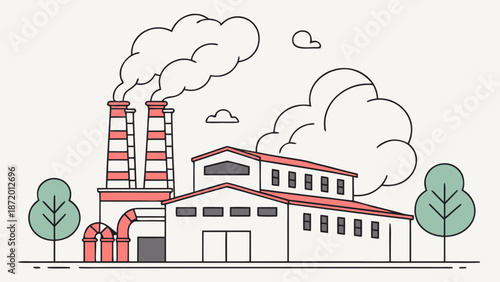 Line art illustration of an industrial factory building with smoking chimneys and surrounding trees, depicting manufacturing and pollution.