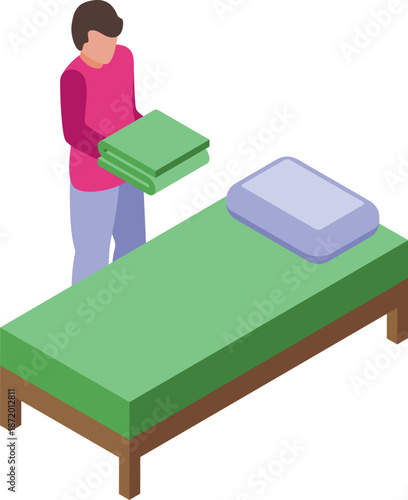 Hotel maid preparing a bed in hotel room, arranging blanket