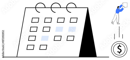 Financial planning. A calendar schedule management and monetary planning with a dollar sign highlighting financial focus. Financial planning for budgeting, savings, investments, and business