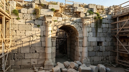 Ancient stone archway and ruins at an archaeological site undergoing restoration.