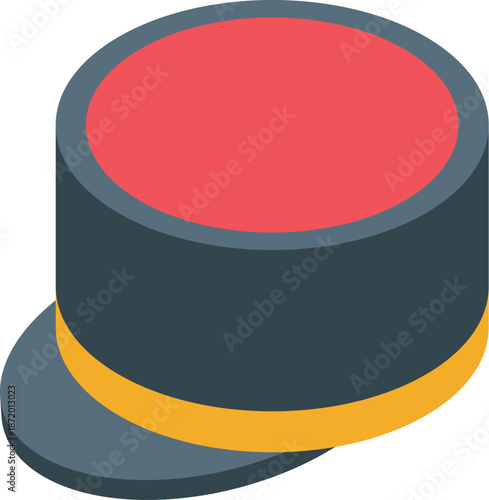 Isometric view of traditional hat representing german culture and history, featuring a gray brim, yellow band, and red top