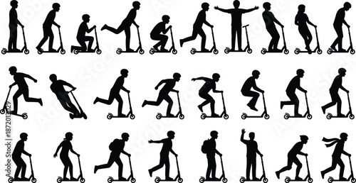 Kick scooter silhouette, rider icon set, black vector, urban mobility, dynamic pose, active lifestyle, transportation design, motion illustration