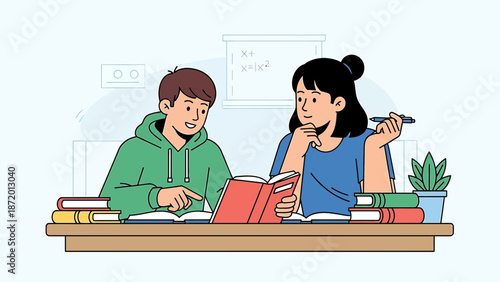 Two students studying together, reading books at a desk with a whiteboard background