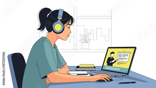 Woman wearing headphones learning online on laptop, studying from home with digital education