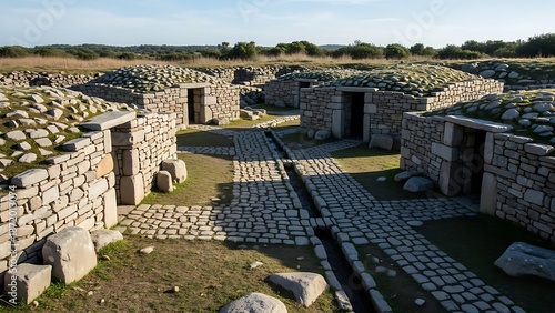 Ancient stone structures with grassy roofs and paved pathways at an archaeological site under a clear sky.