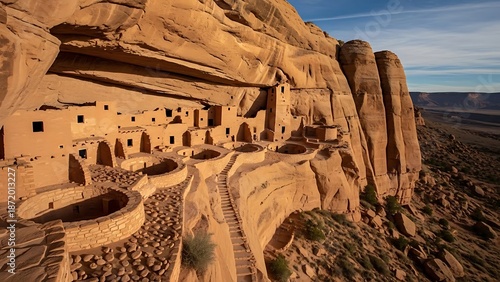 Ancient cliff dwellings nestled into a massive sandstone canyon wall, showcasing historical architecture and a vast arid landscape under a clear sky.