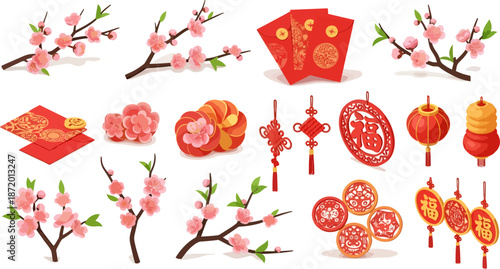 flower branch cherry blossoms red envelopes lanterns coins