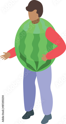 Promoter wearing inflatable watermelon costume presenting something with hand gesture