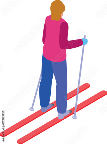 Woman practicing skiing, enjoying winter sports activity, descending snowy slopes, isometric perspective