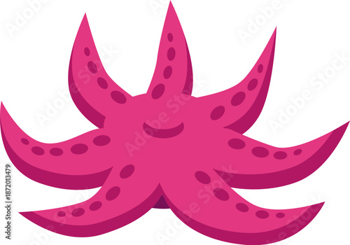 Cartoon six legged pink starfish with a smiling face, enjoying the underwater world