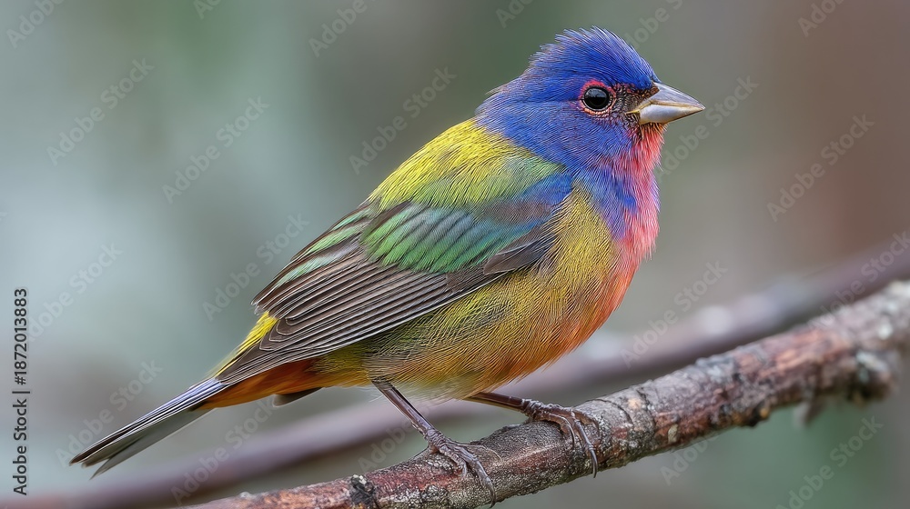 Obraz premium Colorful songbird perched on a branch showcasing vibrant feathers of blue, green, yellow, and red in a beautiful natural setting, highlighting avian beauty