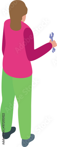 Female mechanic holding a wrench, viewed from the back, in isometric projection