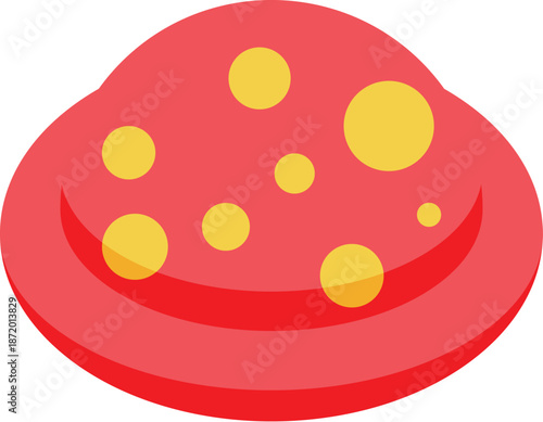 Red mushroom with yellow spots growing in undergrowth, poisonous fungus in the woods