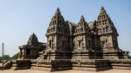 Grand ancient stone temple complex with multiple spires under a clear blue sky, showcasing intricate traditional architecture.