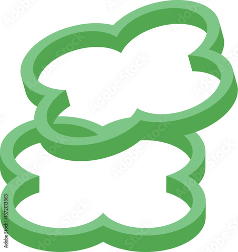 Two slices of green bell pepper rotating in the air, creating a dynamic and visually appealing composition, isometric view