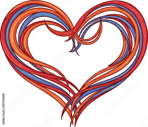 Abstract colorful heart illustration made of flowing brush strokes, artistic love symbol, romantic emotion concept, modern creative vector design, isolated white background