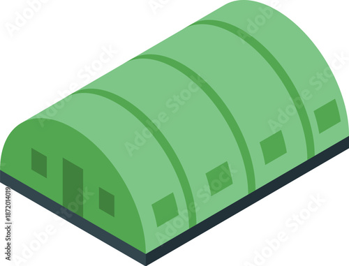 Green military hangar protecting aircraft and vehicles isometric view