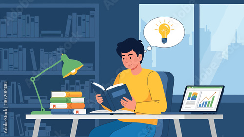 Young man reading book at desk, gaining knowledge, inspiration light bulb idea