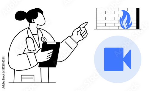 Cybersecurity, telecommunication, remote consulting, data protection, firewall monitoring, digital services. A doctor points at a firewall alongside a video icon. Cybersecurity and telecommunication